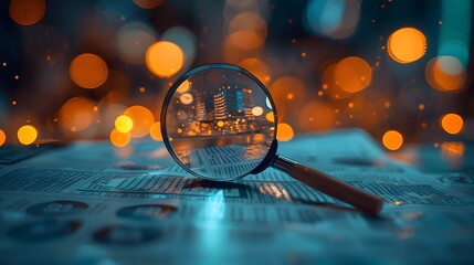 A magnifying glass over newspaper clippings and graphs, representing the idea of enhanced search technology for news content.
