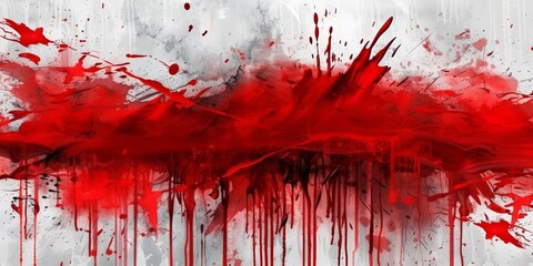A splattered red paint background, splash of red ink droplets scattered on white canvas.