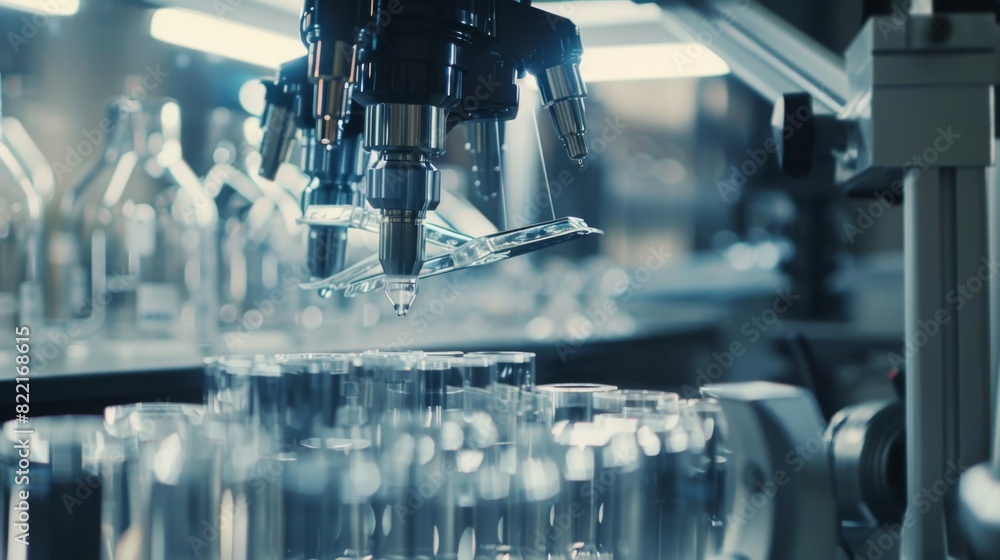 Poster this is an image of a futuristic robot moving a metal detail in a high tech lab with modern equipmen