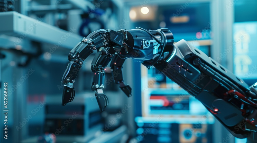 Poster in a high tech research laboratory with modern equipment, a professional developer controls a futuri