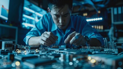 Professional Japanese Development Engineer in Blue Shirt Solders a Circuit Board in a High Tech Research Laboratory.