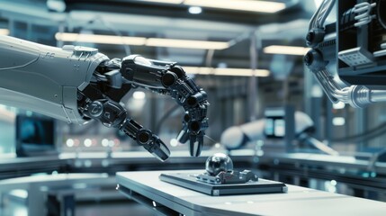 Artificial Intelligence Robotic Arm Operates and Moves a Metal Object, Picks It Up and Puts It Down. Modern Research Laboratory.