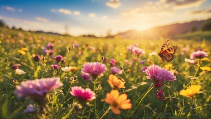 This is a nature scene of a meadow with many flowers of different colors, such as yellow, orange, white, and purple. There is a blue butterfly on a stalk near the center of the image, and the sun can 