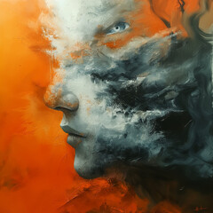 Un dessin fumée avec un visage incomplet qui part en fumée orange blanc et noir