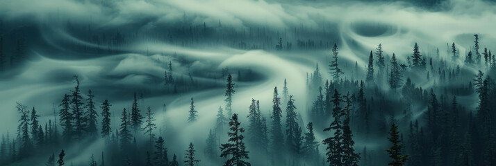 Long exposure of swirling fog among fir trees, with a subdued retro color scheme.