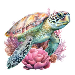 Fototapeta premium Watercolor Coral Reef Sea Turtle Fish, clipart Illustration, Generative Ai