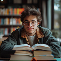 Un jeune homme dans une bibliothèque avec un livre ouvert face à lui