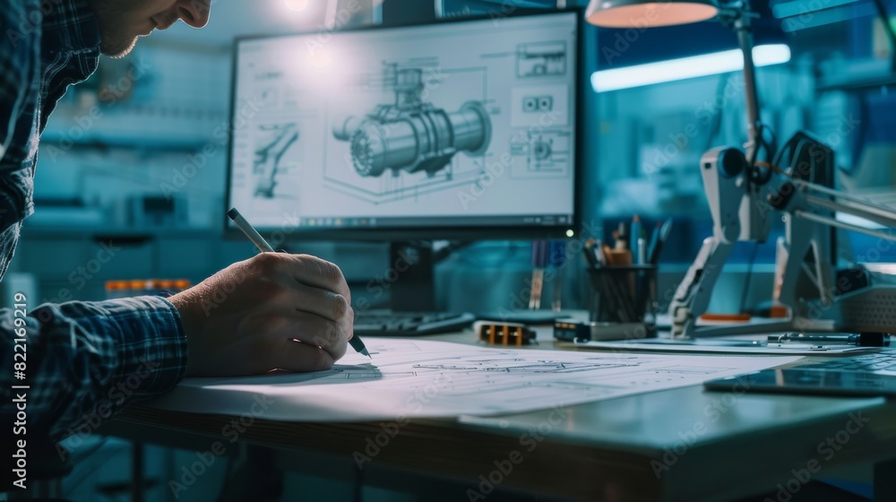 Poster engineer draws blueprint of engine concept, refers to computer. engineering bureau and industrial de
