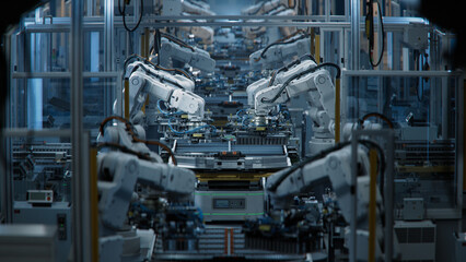 Row of White Robotic Arms at Automated Production Line at Factory. Electric Car Manufacturing Line...