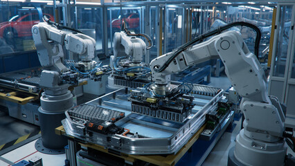 Wide Angle of Electric Car Battery Manufacturing Line. Industrial Robot Arms Assemble Lithium-Ion...