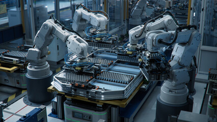 Industrial Robot Arms Assemble Lithium-Ion EV Battery Pack Inside Automotive Smart Factory....