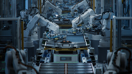 Inside Automotive Smart Factory. Electric Car Manufacturing Line. Row of White Robotic Arms at...