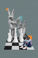 Photo collage trend artwork sketch image of gray color backdrop silhouette sad loser man headless...