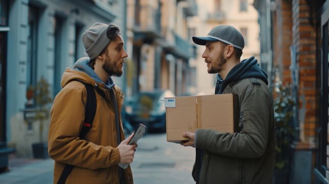 A Courier Delivers Cardboard Box Parcel to a Man in an Urban Office Area in Stylish Modern Style. Business Customer Signs POD Device with Electronic Signature.