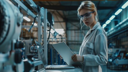 Factory Has Professionals Working on CNC Machinery, Robot Arm, and Confident Female Engineer Works in Facility, Holds Laptop. Manufacturer Has Professionals Working on CNC Machinery, Robot Arm.
