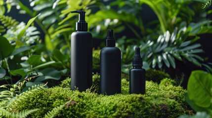 Mockup set organic beauty product bottles in nature background with jungle plants, green leaves on moss grass background. Blank black skincare product, cream lotion serum containers mock up template.