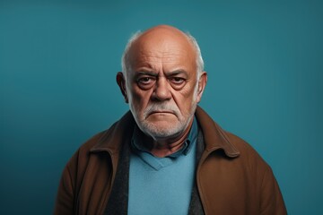 Aqua background sad european white man grandfather realistic person portrait older person beautiful bad mood old man Isolated on Background ethnic diversity 
