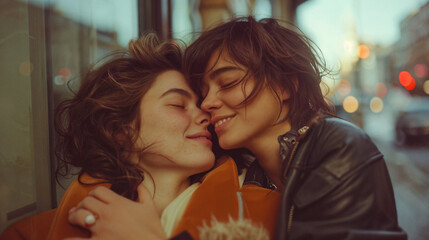 Urban Love: Affectionate Lesbian Couple Embracing in City Streets