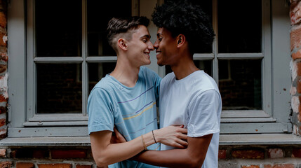 Naklejka premium Happy Moment of Interracial Gay Couple Embracing