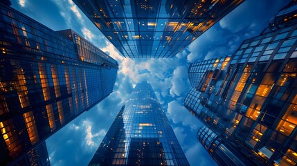 A tall office buildings taken from the ground looking up at night, clouds in sky, lights on inside buildings, symmetrical composition, blue tones.
