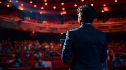 A Startup CEO presents a new product at a business conference, holds a laptop, discusses science, technology, entrepreneurship, development, and leadership.