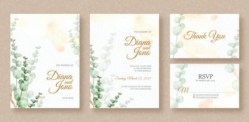 eucalyptus leaves painting on wedding invitation background
