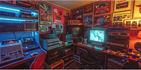 Vintage Retro Gaming Den: A cozy gaming area with nostalgic video game consoles, posters, and memorabilia