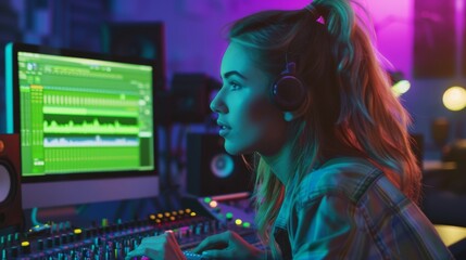 An aesthetically pleasing portrait of a female audio engineer/producer who uses computer, mixing board, and control desks in music recording studios.