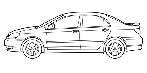 Classic city class sedan car. 4 door car on white background. Side view shot. Outline doodle vector illustration	
