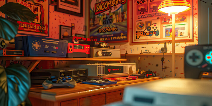 Vintage Retro Gaming Den: A cozy gaming area with nostalgic video game consoles, posters, and memorabilia