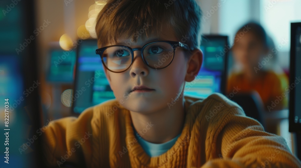 Poster a smart boy uses a computer to learn about internet safety, programming languages, and software codi
