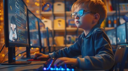 In an elementary school computer science class, a smart little schoolboy works on a computer, learning programming for software coding. Children receive a modern education in this classroom.