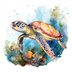 Watercolor Coral Reef Sea Turtle Fish, clipart Illustration, Generative Ai