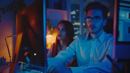 Businessman uses desktop computer, female project manager explains specific tasks, account handling and strategic moves. Professionals late at night in corporate office.