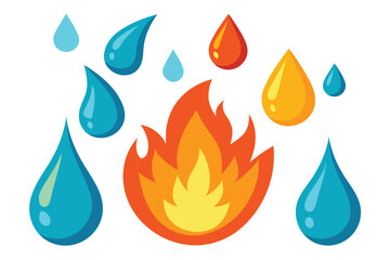 Fire and water set. Flames of different shapes. Different Water Drops. Vector cartoon illustration