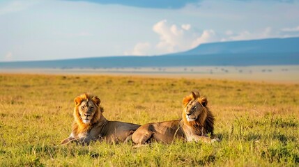 Pair of lions resting in the open plains of the Serengeti National Park