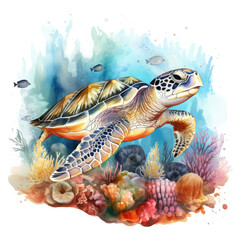 Obraz premium Watercolor Coral Reef Sea Turtle Fish, clipart Illustration, Generative Ai