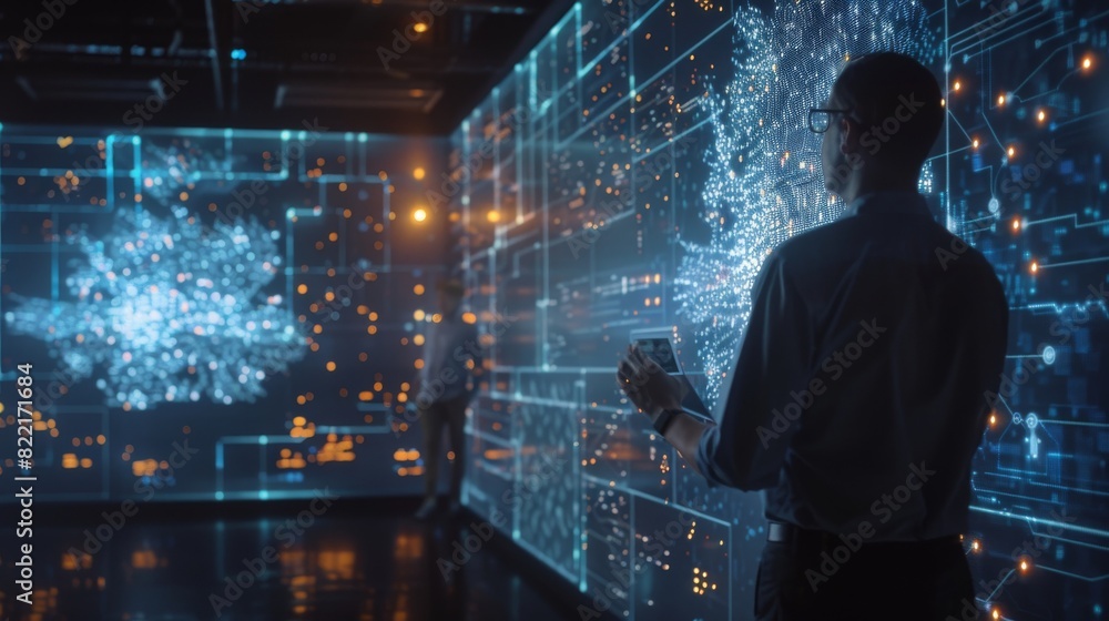 Poster a project manager stands next to a large screen with a neural network. in a dark telecommunications 
