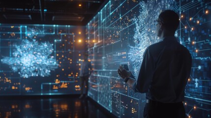 A project manager stands next to a large screen with a neural network. In a dark telecommunications office, Computer Data Science Engineers work on desktops.