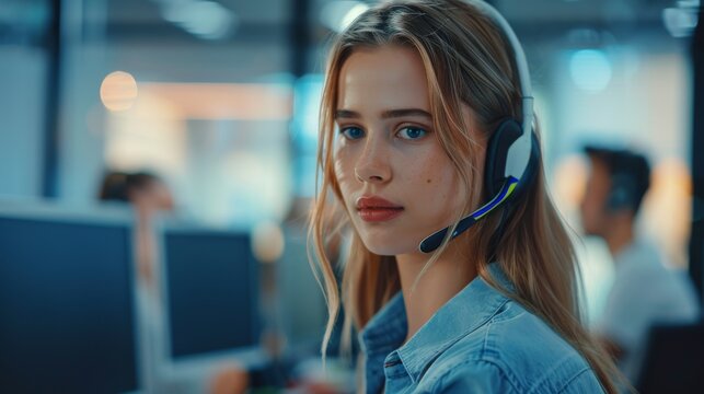 This beautiful female manager is walking past her call center employees and supervising their work. Diverse and motivated call center employees wear headsets and work on computers.