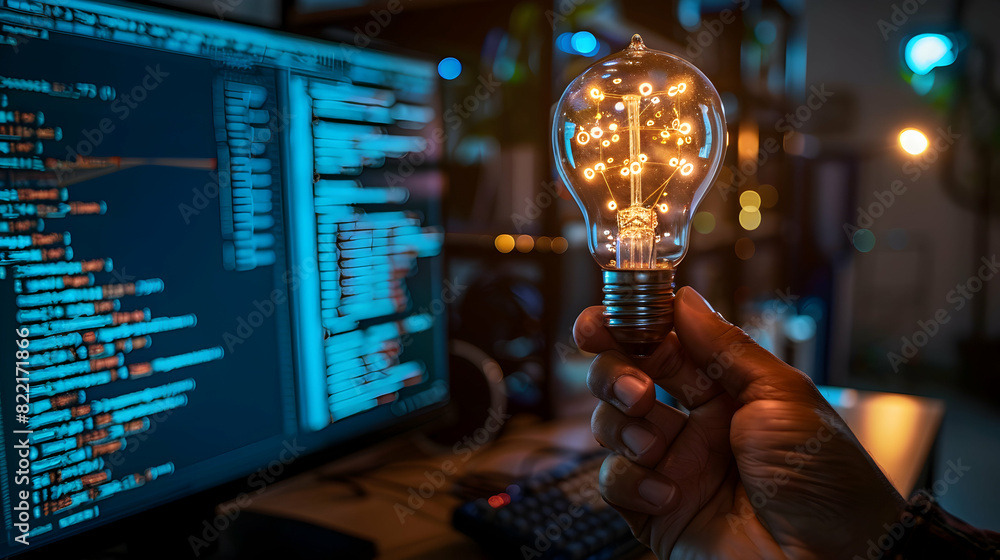 Aufkleber developer innovating software: a developer holding light bulb with code, integration of new ideas in