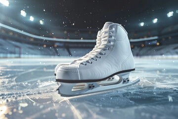 Pristine White Ice Skates on Sparkling Ice Rink Under Stadium Lights: A Perfect Moment in Winter Sports