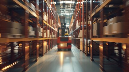 Fototapeta premium In warehouse shot of blurry forklifts with pallets loading cardboard boxes with products from shelves. Logistics Distribution Center with Products Ready for Global Shipment, Customer Delivery.
