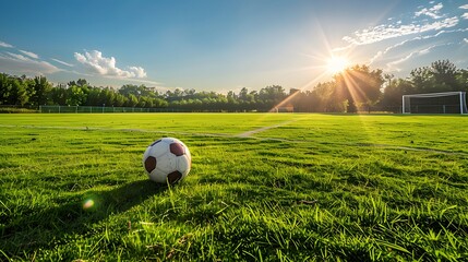 An empty soccer field with the ball on it, the sun shining in the background. The grass is green and lush, an open space to play football or other sports.
