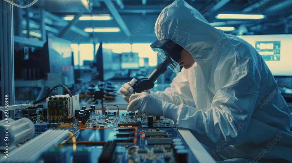 Poster developing high-tech modern electronics in a major research factory cleanroom with engineers wearing
