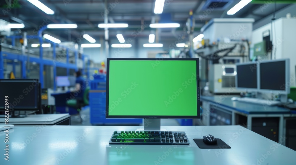 Aufkleber on the desk, a personal computer shows a green display with chroma key. in the background, there is 