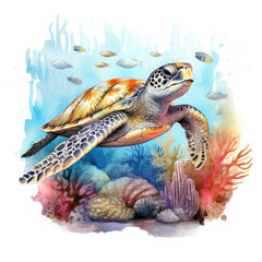 Watercolor Coral Reef Sea Turtle Fish, clipart Illustration, Generative Ai