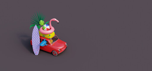 Cute small car with luggage and beach accessories on grey background. Summer travel concept 3D Render 3D illustration