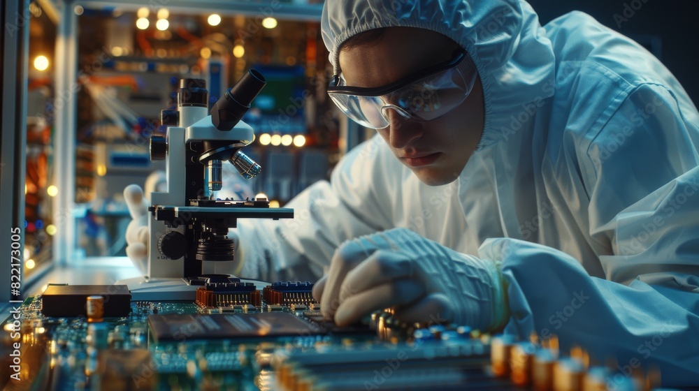 Poster an engineer scientist wearing a coverall and gloves inspects a microprocessor component in a cleanro