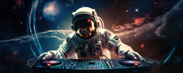 Man in Space Suit Holding DJ Mixer